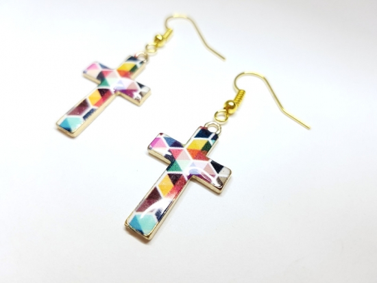 Preview: Kreuz Ohrringe bunt goldfarben cross church